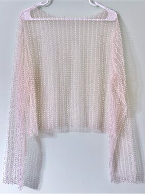Sheer Pink Pearl-Embellished Long Sleeve Top